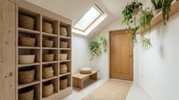 Modern minimalist mudroom with wooden storage cubbies filled with wicker baskets, natural light from skylight, hanging plants and clean organization.