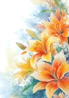 Orange lilies with soft watercolor effects on light blue background, delicate floral composition featuring blooming flowers and buds in warm peach tones.