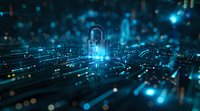 Digital padlock symbol glowing in futuristic cyber security network landscape with blue circuit connections, perfect for data protection and internet safety concepts.