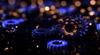 Glowing mechanical gears with blue and orange bokeh lights creating atmospheric industrial background. Dark metallic machinery parts in motion with blurred illumination.