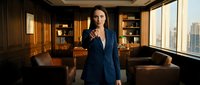 Professional businesswoman in navy suit standing thoughtfully in luxury office with wooden shelves and city view windows.