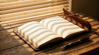 Open book on wooden table with warm sunlight streaming through window blinds creating striped shadows across pages in cozy reading atmosphere.