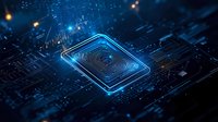 Glowing digital fingerprint scanner on circuit board with blue neon light effect against dark technology background with data visualization elements.