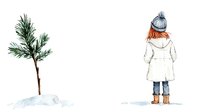Young woman in winter coat and knit hat standing near small pine tree on snowy ground, watercolor style illustration with minimalist artistic approach.