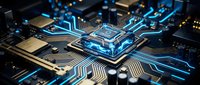Microchip with glowing blue circuitry pathways on dark circuit board, representing advanced technology, artificial intelligence, and digital innovation for computing and electronics industries.