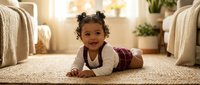 Happy African American toddler girl crawling on woven rug in bright modern living room with cozy home decor and natural lighting for family lifestyle content.