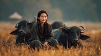 Young Asian woman farmer sitting peacefully with water buffalo in golden grassland field during sunset creating warm rural agricultural scene.