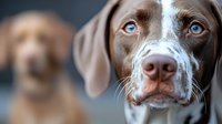Close up portrait of German Shorthaired Pointer dog with striking blue eyes and white markings on brown coat, another dog blurred in background. For pet photography.