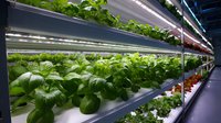 Modern vertical farming system with rows of fresh green leafy vegetables growing under LED lights in controlled indoor environment.