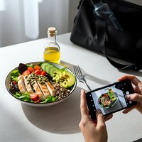 Hands photographing healthy salad bowl with grilled chicken, avocado and quinoa using smartphone for social media food blogging and recipe sharing.