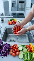 Man washing fresh red tomatoes in kitchen sink with assorted vegetables prepared for cooking and meal preparation.