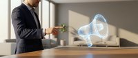 Businessman in suit pointing at glowing holographic megaphone above office desk, symbolizing digital marketing and modern communication.