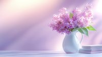Delicate pink lilac flowers in white ceramic vase against soft purple background with stacked books, creating romantic spring atmosphere for greeting cards and home decor.
