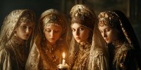 Four young women in ornate traditional Eastern European folk costumes with embroidered headdresses gather around glowing candle in atmospheric candlelight setting.