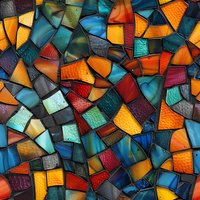 Vibrant stained glass mosaic pattern in orange, blue, red and turquoise colors with dark grout lines creates abstract geometric design. Seamless repeat for fabric and decor.