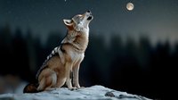 Lone wolf howling at full moon in winter night forest, sitting on snowy ground against dark pine trees silhouettes and starry sky background.