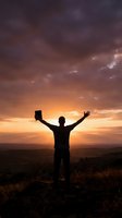 Silhouette of man with raised arms celebrating success against dramatic sunset sky with purple and orange clouds over landscape for motivation concepts.