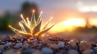 Magical glowing succulent plant on rocky ground at sunset, illuminated by golden light and sparkles creating ethereal nature atmosphere.