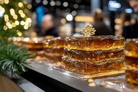 Glasses of whiskey with ice cubes on a bar counter during festive season celebration with blurred holiday lights and evergreen decorations in background, suitable for beverage, hospitality and seasonal marketing.