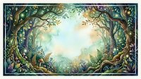 Enchanted forest frame with twisted branches and ferns creating magical portal opening to mystical landscape with soft glowing light for fantasy storytelling.