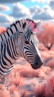 Close-up portrait of zebra head against pink coral sunset savanna landscape with dramatic sky and clouds, showing detailed stripes and distinctive features.