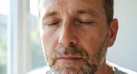 Middle-aged Caucasian man with beard and closed eyes in peaceful meditation pose showing mindfulness and relaxation in soft natural lighting.