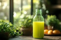 Fresh green juice in glass bottle on wooden table with herbs and citrus fruits in sunlit kitchen, healthy lifestyle and natural detox drink concept.