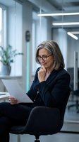 Middle-aged woman with shoulder-length gray hair and glasses wearing dark blazer, reviewing document in modern office with linear ceiling lights and plants.