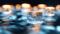 Glowing ice cube with golden sparkles floating on dark reflective surface against blurred bokeh lights, creating magical atmospheric composition.