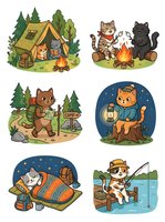 Cartoon cats enjoying outdoor camping adventures with tents, campfires, hiking, and fishing. Isolated clipart set perfect for children's designs, t-shirts, stickers, and educational materials.