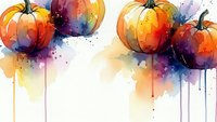 Watercolor pumpkins with dripping paint effects on white background. Autumn harvest vegetables in orange and purple hues for seasonal decorations.