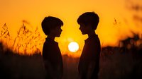 Silhouettes of two young boys standing face to face against dramatic orange sunset sky with tall grass in foreground, creating romantic nostalgic summer mood.