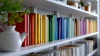 Colorful books arranged by rainbow spectrum colors on white wooden shelves with decorative teapot, creating modern minimalist home library interior design.