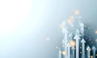 Glowing white arrows moving upward against soft blue background with bokeh light effects and particles, representing growth and success in business.