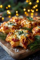 Cheesy star-shaped pastries with herbs on wooden board against festive bokeh lights, perfect for holiday entertaining.