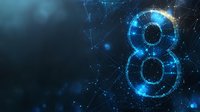 Glowing number eight formed by connected dots and lines in deep blue space background with network connections and particles. Digital art concept.