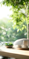 Serene morning tea setting with ceramic cups and small plant on wooden table against blurred green garden background, soft natural lighting creates peaceful atmosphere.