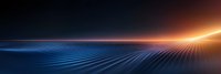 Abstract digital landscape with glowing horizon line and blue grid surface extending to vanishing point against dark background with orange light burst.