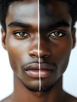 Close-up portrait of young African man's face split by bright light line showing contrast in skin tones and facial features against white background.