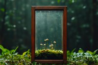 Wooden frame mirror with tiny mushrooms growing on moss base in enchanted forest setting with magical bokeh lighting effects.