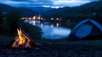 Campfire burning at dusk by lake with tent and distant town lights reflecting on water, creating serene outdoor camping atmosphere.