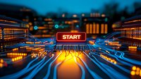 Glowing circuit board with red START button, illuminated by blue and yellow light trails against dark cityscape background at dusk.