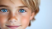 Close up portrait of young child with bright blue eyes and blonde hair smiling gently at camera against light background, soft natural lighting creates warm mood.
