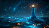 Glowing lighthouse beacon illuminates stormy ocean waves under starry night sky with ethereal blue light creating magical maritime atmosphere.