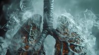 Burning incense stick with rising smoke swirls creating mystical atmosphere against dark background, close-up macro photography in teal and orange tones.