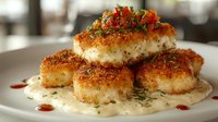 Breaded fish fillets topped with fresh tomato salsa, served on creamy white sauce garnished with herbs and red sauce drizzle on round white plate.