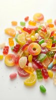 Colorful assorted gummy candies and jelly sweets scattered on white surface for confectionery and dessert concepts.