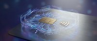 Futuristic contactless payment card with glowing digital circuits and wireless technology effects on dark background for fintech and banking concepts.