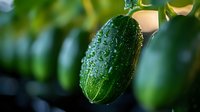 Ripe cucumber with water droplets hanging on vine among green foliage, suitable for organic produce, gardening, and food photography projects.