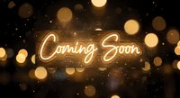Glowing neon Coming Soon sign with warm golden bokeh lights on dark background for business announcements and promotional campaigns.